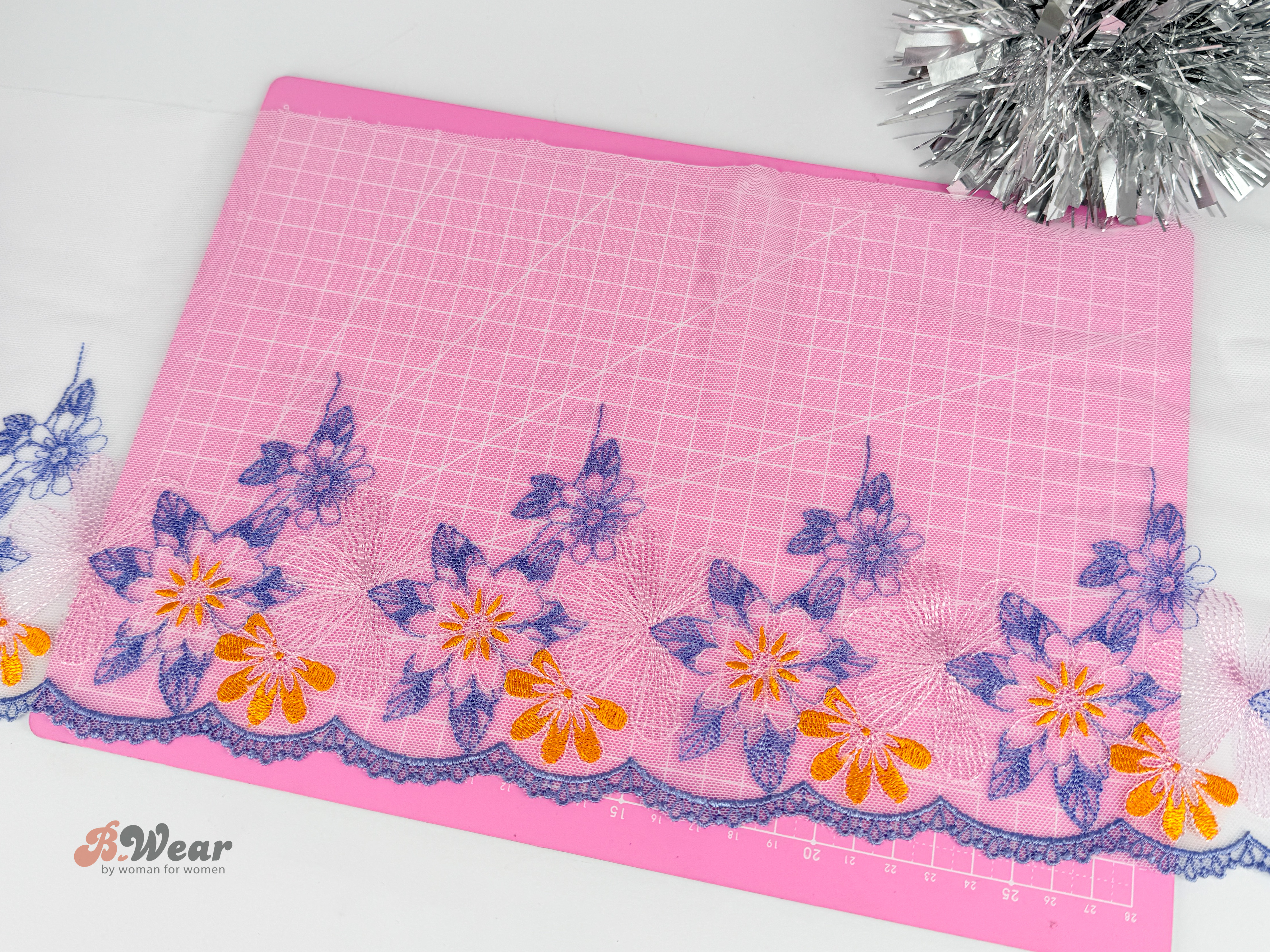 Non stretch lace with pink, yellow and blue-purple flowers - 2