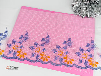 Non stretch lace with pink, yellow and blue-purple flowers