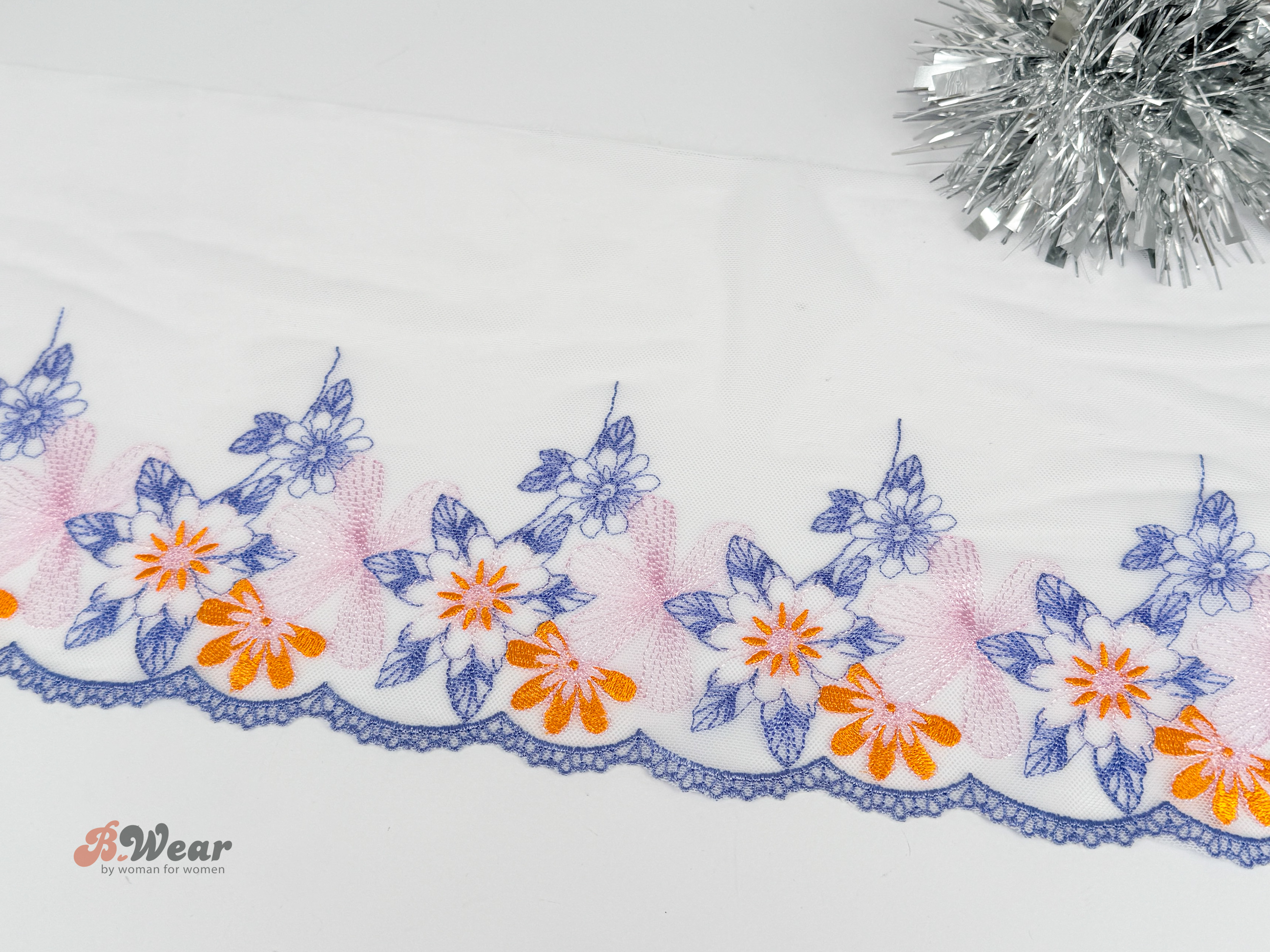 Non stretch lace with pink, yellow and blue-purple flowers