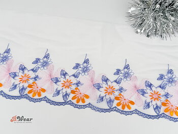 Non stretch lace with pink, yellow and blue-purple flowers