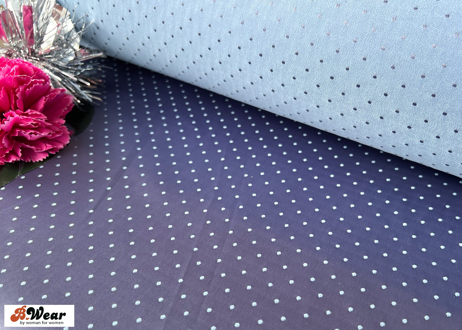 Stretch Satin - Lavender with lightblue dots