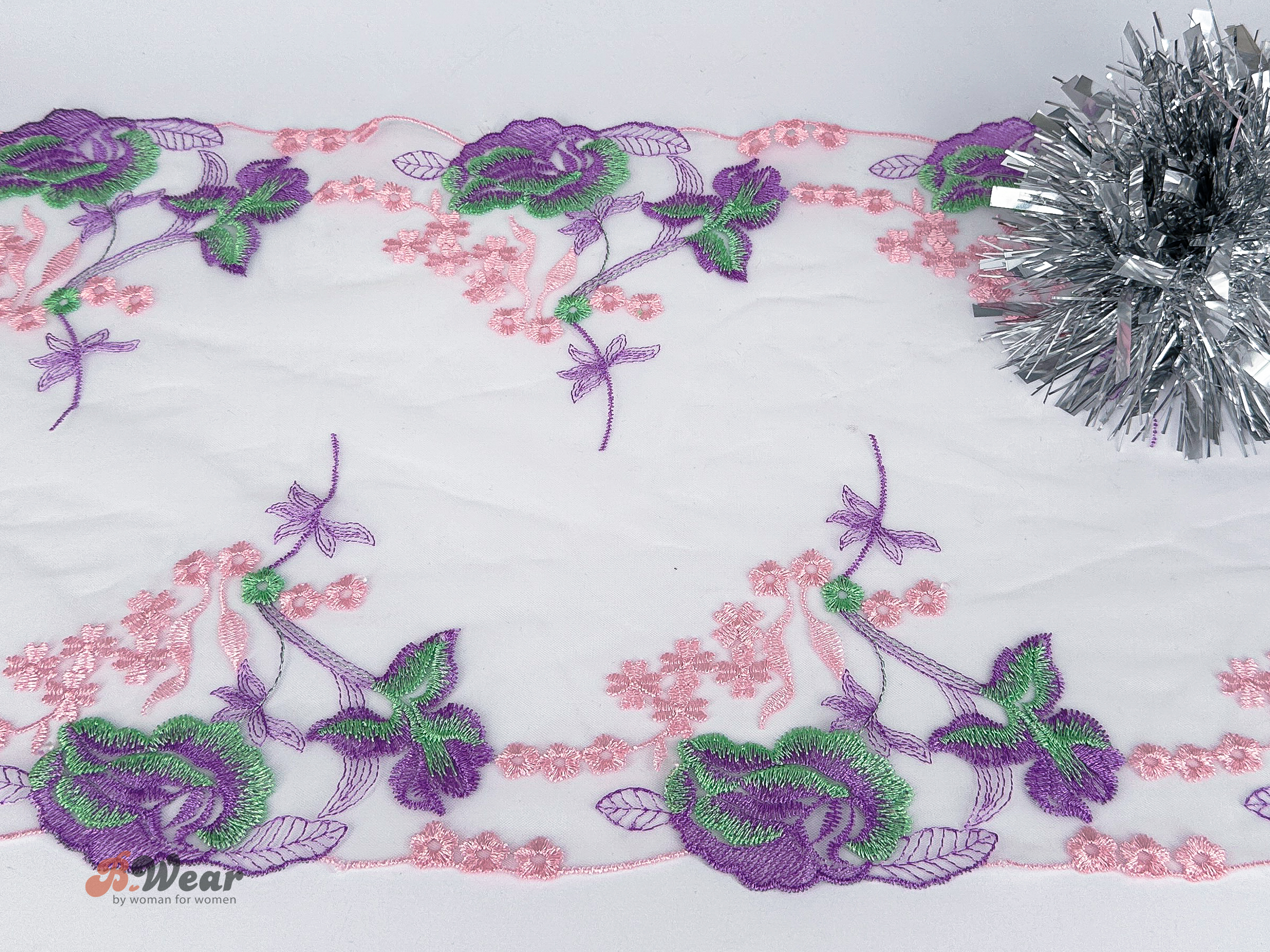 Beautiful Non-stretch lace  with colourful flowers - 25  cm