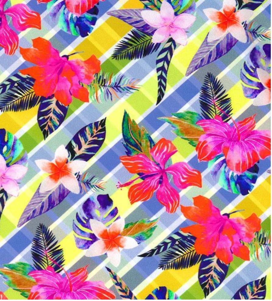 Swinwear fabric in Blue/Yellow with purple and pink flowers - 2