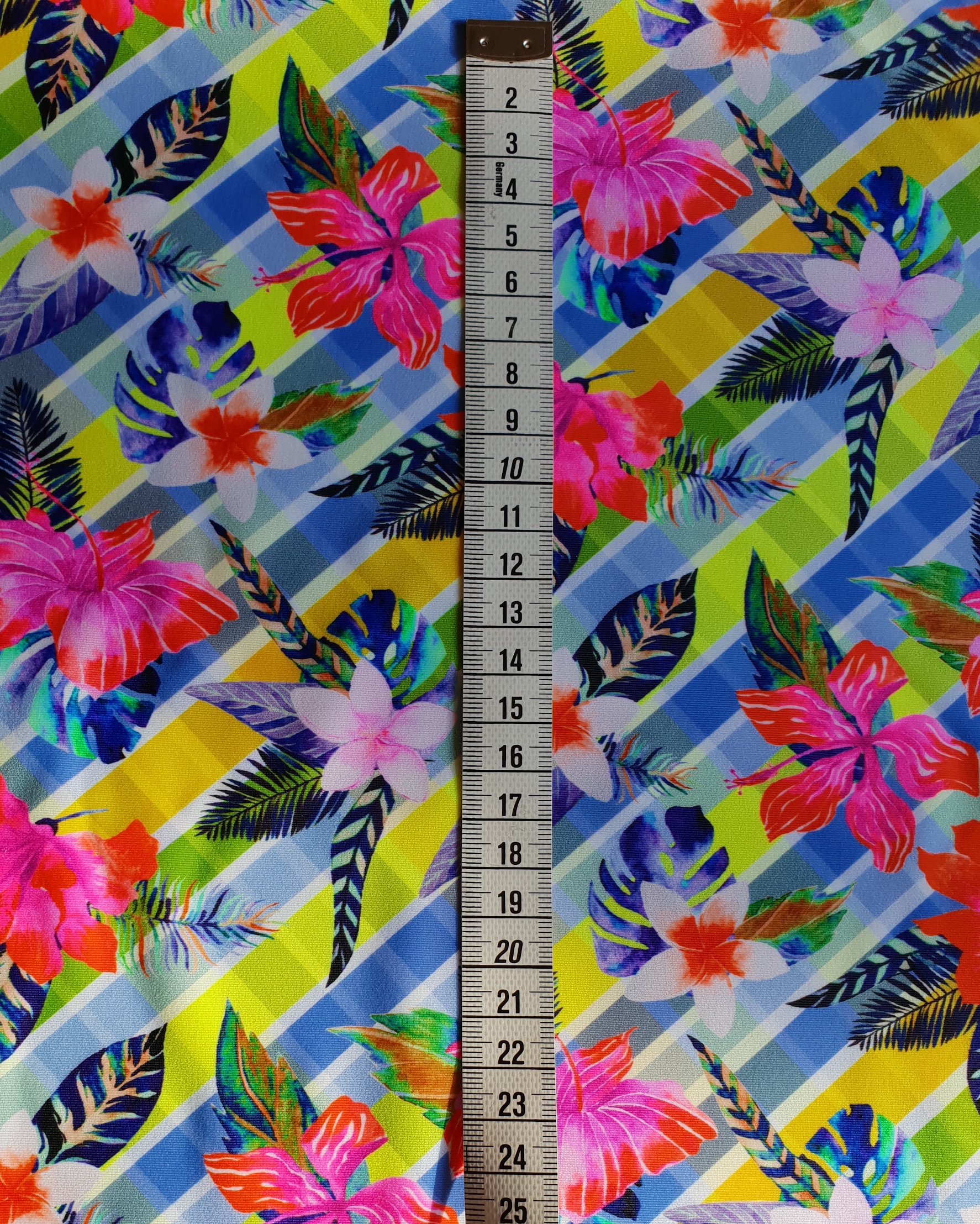 Swinwear fabric in Blue/Yellow with purple and pink flowers - 3