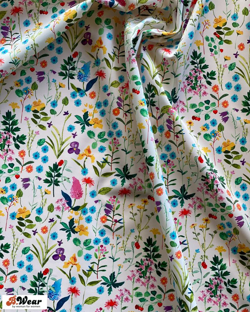 Lingerie Satin -  White with summer flowers