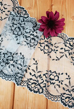 Greywhite stretch lace with black flowers