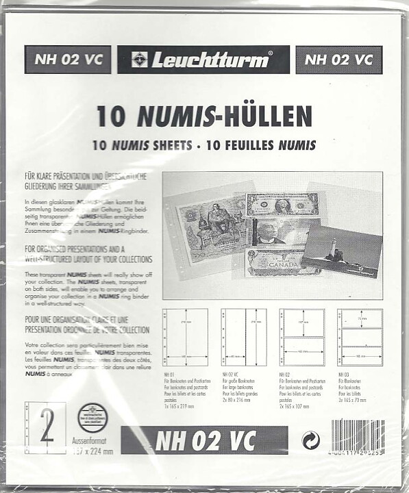 NUMIS 2VC - Klara blad med 2 vertikala fickor (10-pack)