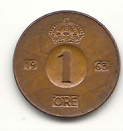 1 öre 1963 flagad stamp 1+/01
