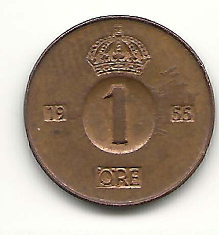 1 öre 1955 flagad stamp god 1+