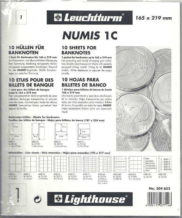 NUMIS 1C - Klara blad med 1 ficka (10-pack)