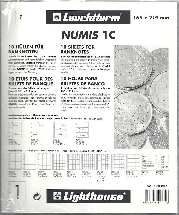 NUMIS 1C - Klara blad med 1 ficka (10-pack)
