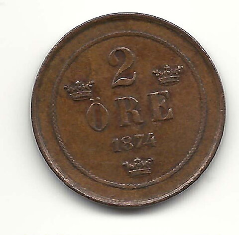2 öre 1874 vriden ca 10 grader 1+/01
