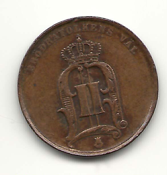2 öre 1874 vriden ca 10 grader 1+/01
