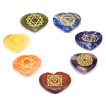 Set Of 7 Chakra Symbol Heart-Shaped Stones -- 3.5 Cm