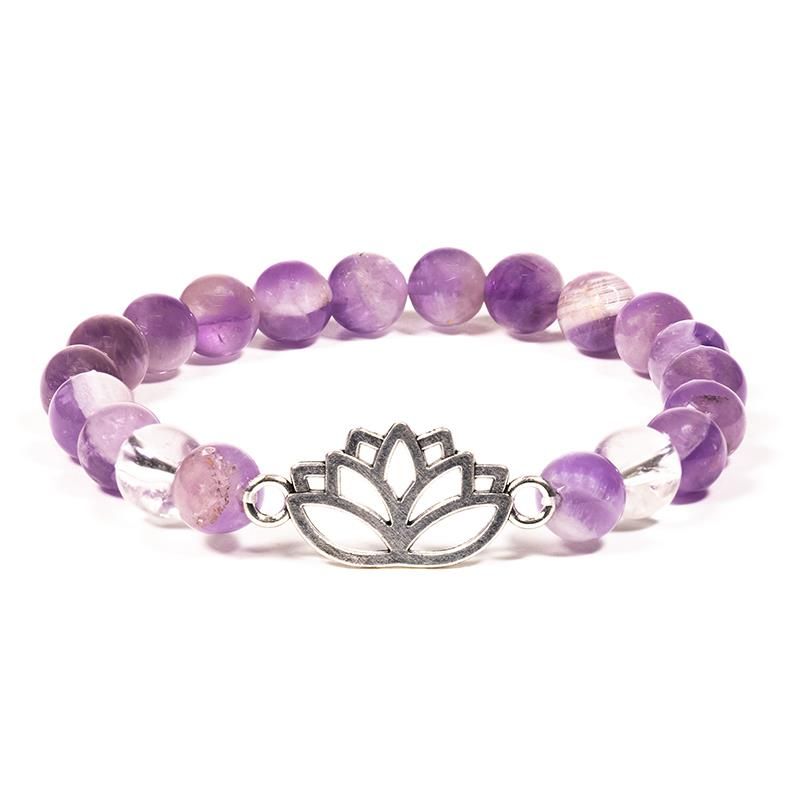 Bracelet Chevron Amethyst/Rock Crystal With Lotus -- 8Mm