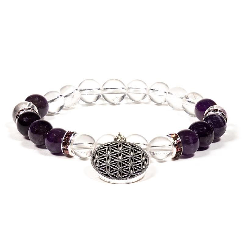 Bracelet Rock Crystal/Amethyst + Flower Of Life -- 8Mm