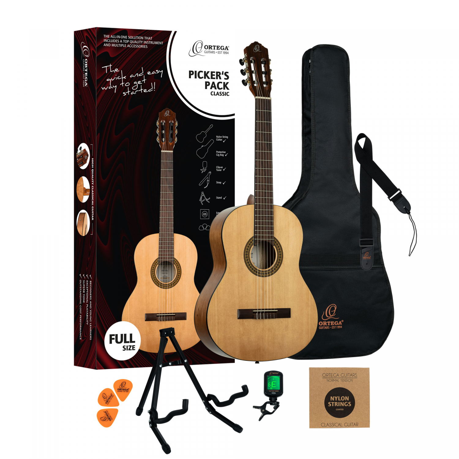 Ortega RPPC44 Klassisk gitarr 4/4, Pickers Pack - 8