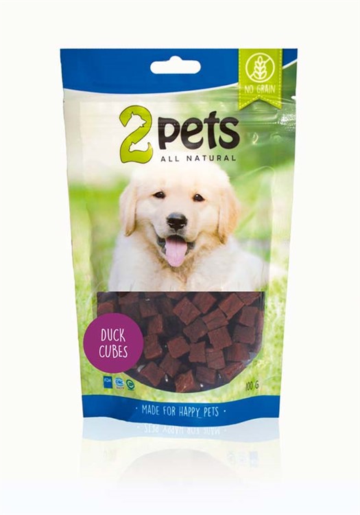 2pets Dogsnack Duck Cubes 100 g – ankgodis i tärningar