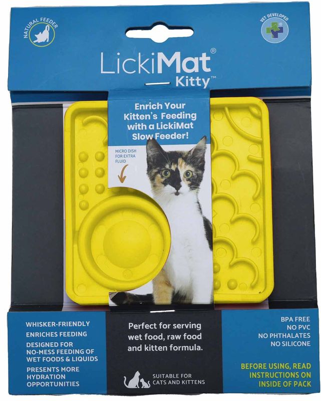 LickiMat Kitty gul 10 × 10 cm – slickmatta för kattunge