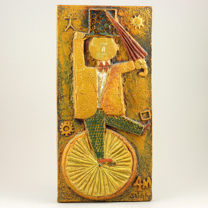 スティグ・リンドベリ 「一輪車に乗る男 （ Man on Unicycle）」 陶板 (40cm)  1960年代 (3)