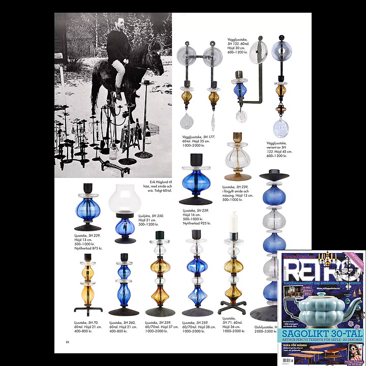 Erik Höglund (1960s) Metal Candleholders with Blue Glass Sections 19 cm