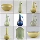 Gunnar Nylund (Ritzi 1960s) Yellow Cylinder Vase with Linear Relief 16 cm