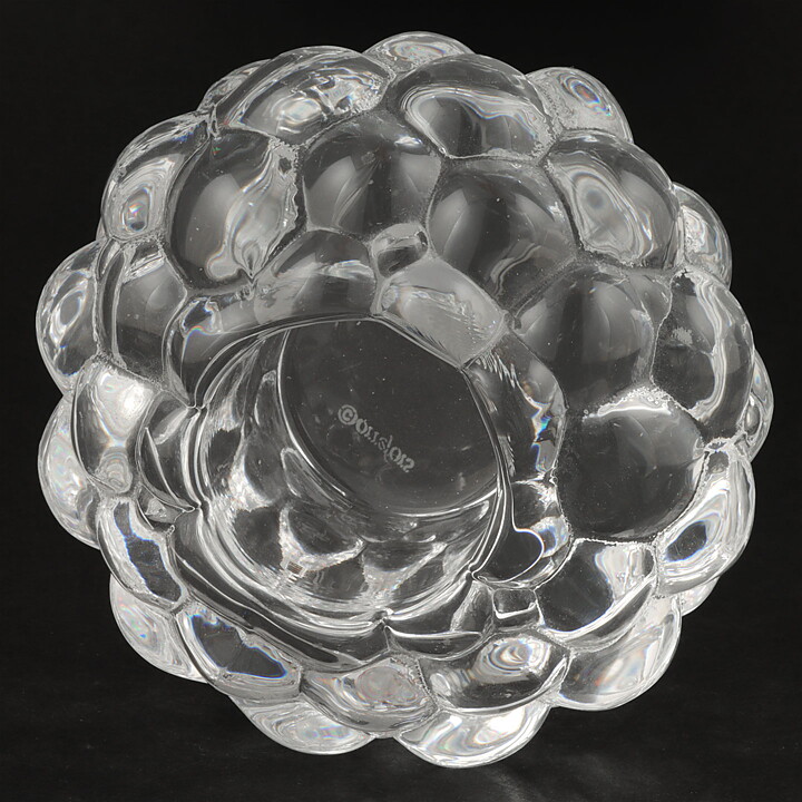 Anne Nilsson (Hallon 1990s) Clear Candleholder with Raspberry Relief  and Metal Stand 11/7 cm (2)