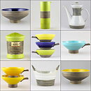 Carl-Harry Stålhane (Entré 1957) Three Colorful Bowls 13 cm with Relief Decor on a Metal Stand 40 cm