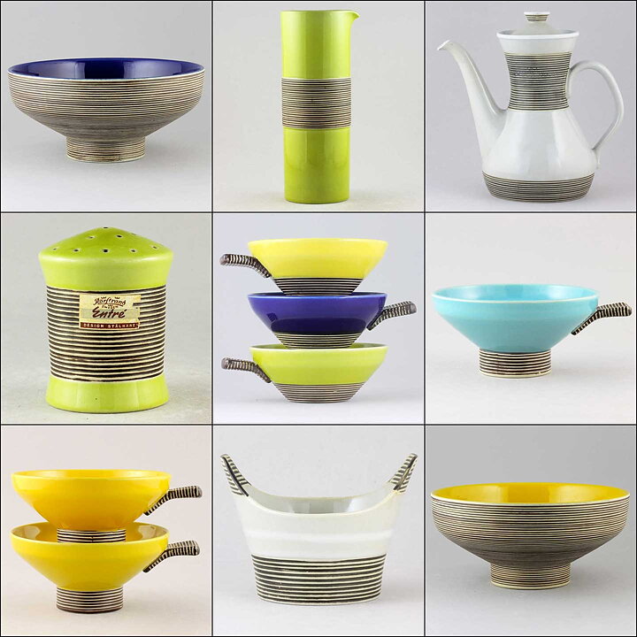 Carl-Harry Stålhane (Entré 1957) Three Colorful Bowls 13 cm with Relief Decor on a Metal Stand 40 cm