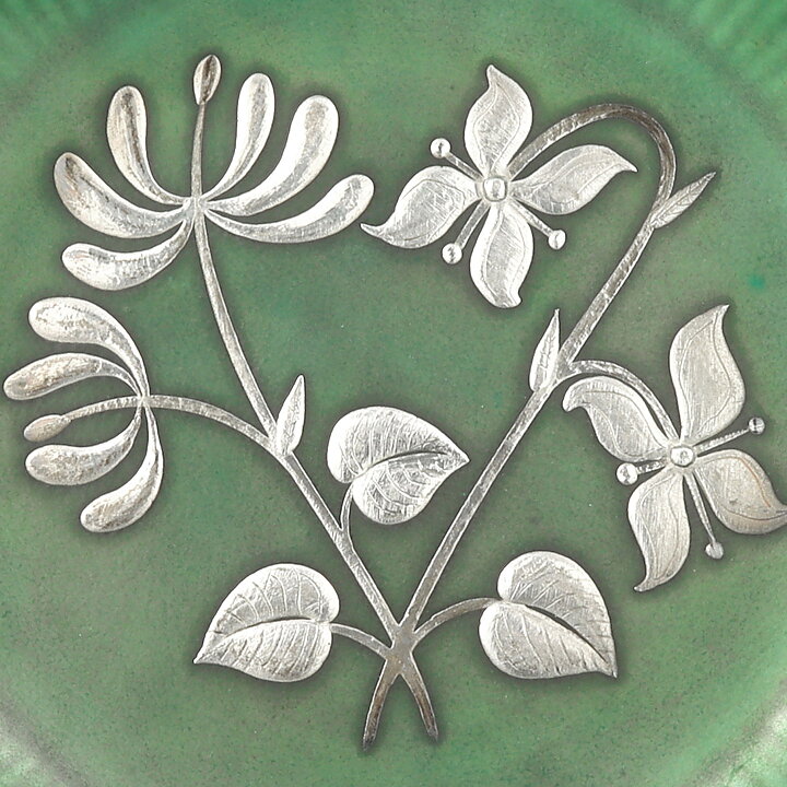 Wilhelm Kåge (Argenta 1959) Green Bowl with Silver Flower Motif 16 cm