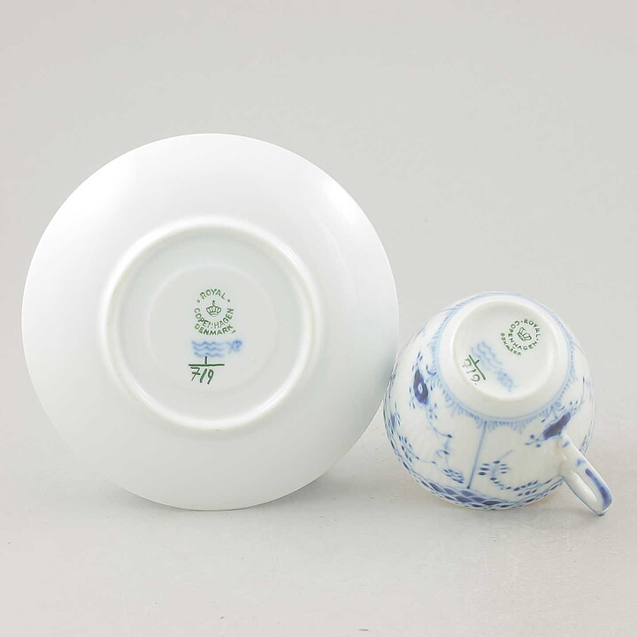 Royal Copenhagen (Blue Fluted 20th Century) Half Lace Coffee Cup with Saucer #719  [Sample Images]