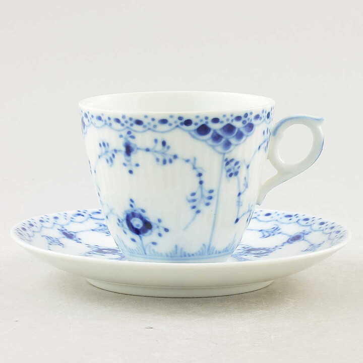 Royal Copenhagen (Blue Fluted 20th Century) Half Lace Coffee Cup with Saucer #719  [Sample Images]