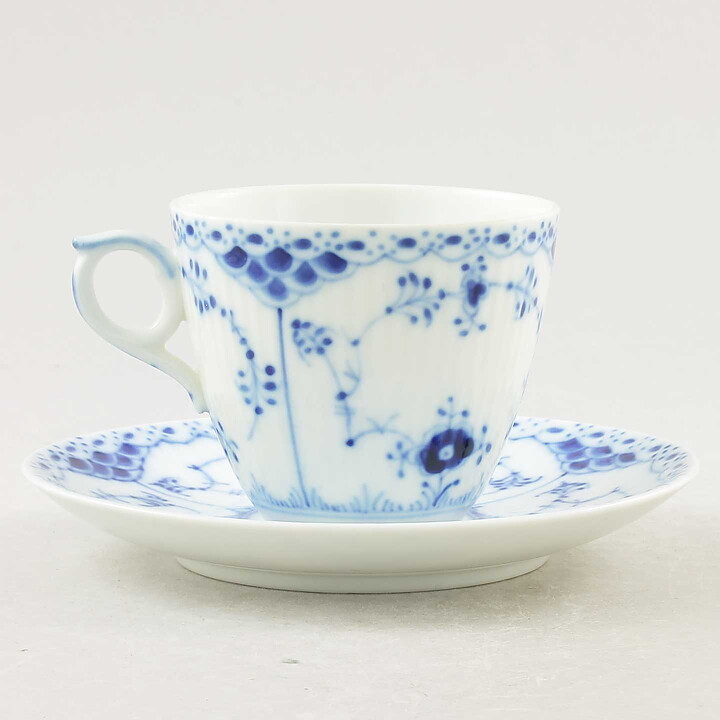 Royal Copenhagen (Blue Fluted 20th Century) Half Lace Coffee Cup with Saucer #719  [Sample Images]