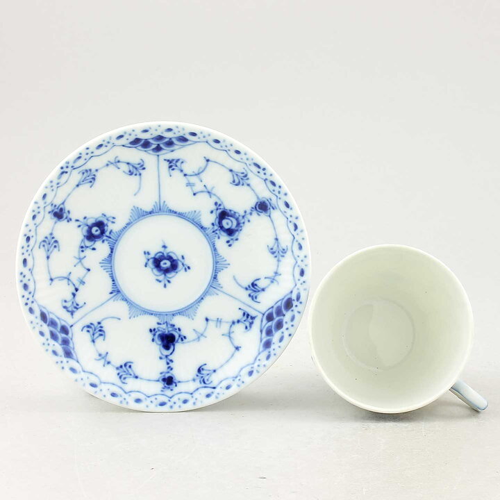 Royal Copenhagen (Blue Fluted 20th Century) Half Lace Coffee Cup with Saucer #719  [Sample Images]