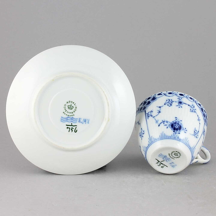 Royal Copenhagen (Blue Fluted 20th Century) Half Lace Coffee Cup with Saucer #756  [Sample Images]