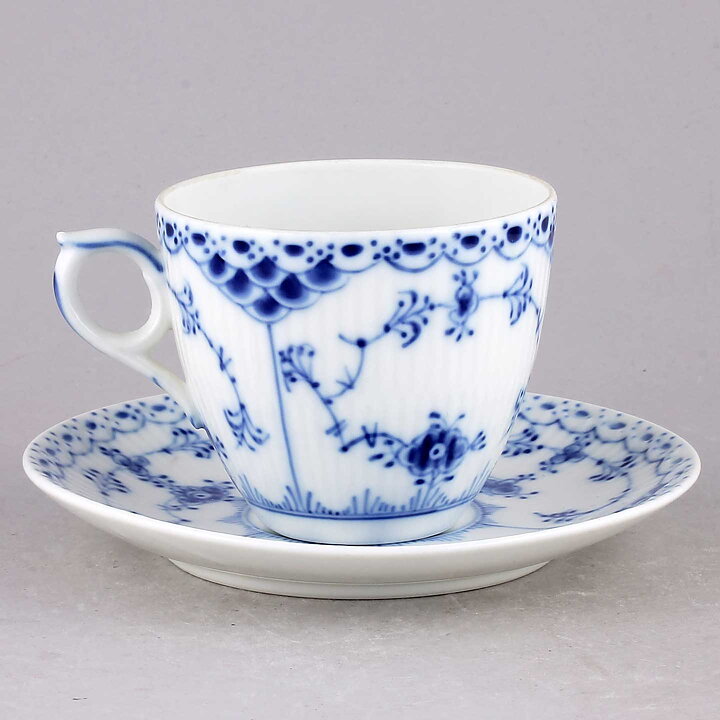 Royal Copenhagen (Blue Fluted 20th Century) Half Lace Coffee Cup with Saucer #756  [Sample Images]