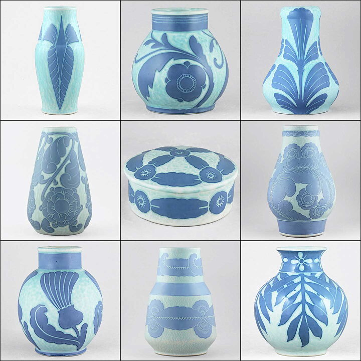 ジョセフ・エクベル  青いズグラッフィートのベース  植物の模様  19cm  1923年