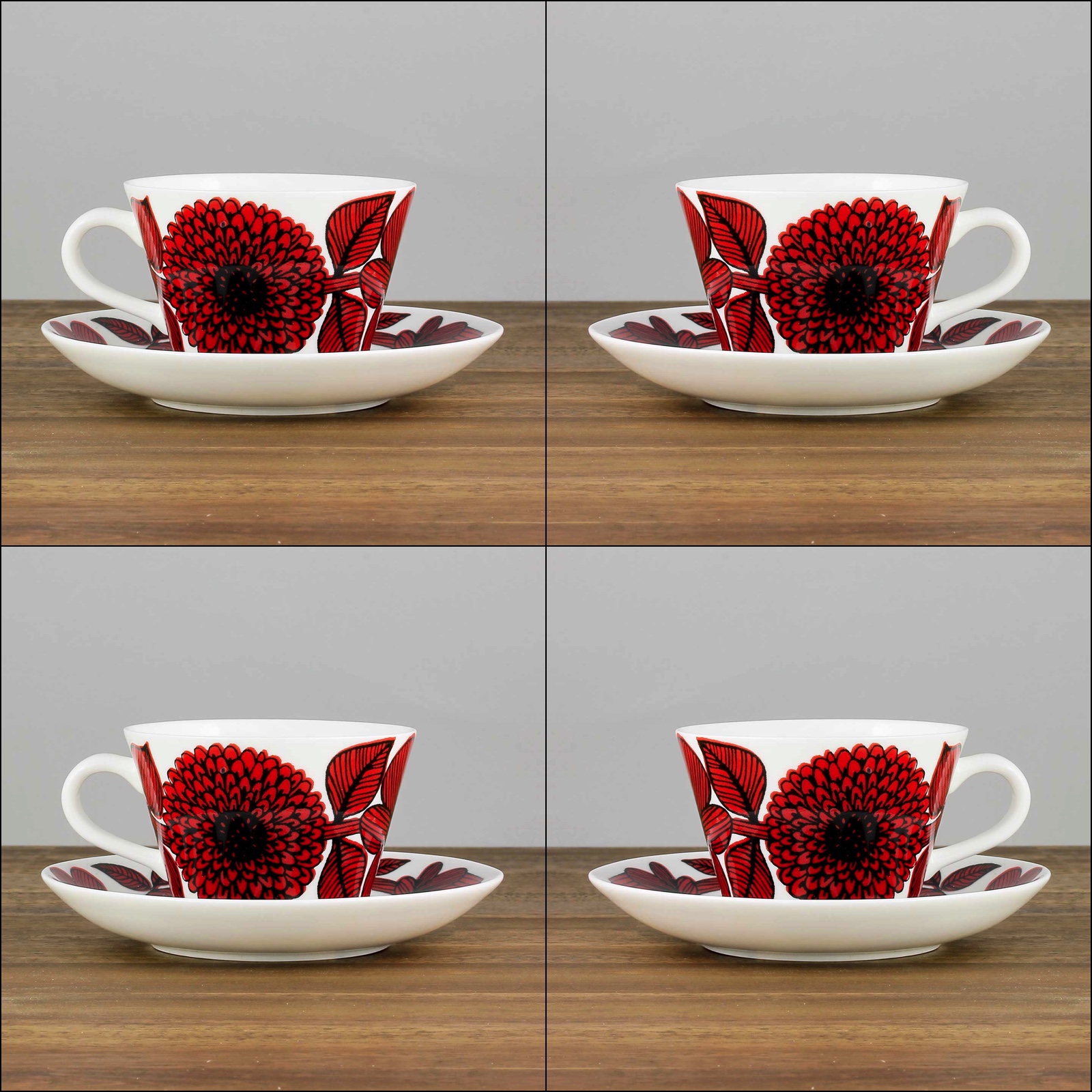 Stig Lindberg (Red Aster 2000s) Four Charming Coffee Cup with Saucer