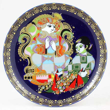 Björn Wiinblad Nymölle Aladin Plates Motif 8, Aladin’s mother brings the Sultan fruits from the Enchanted Garden