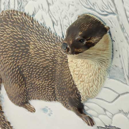 Staffan Johnson Jie wall plaque Utrotningshotade Djur i Vintermiljö 1988, Utter (Otter), limited edition of 5000, width 32 cm / 12.6 in