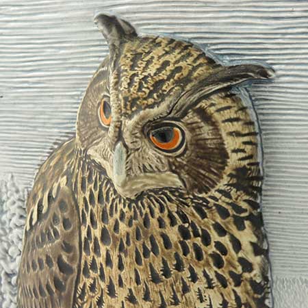 Staffan Johnson Jie wall plaque Utrotningshotade Djur i Vintermiljö 1989, Berguv (Eagle Owl), limited edition of 5000, width 32 cm / 12.6 in