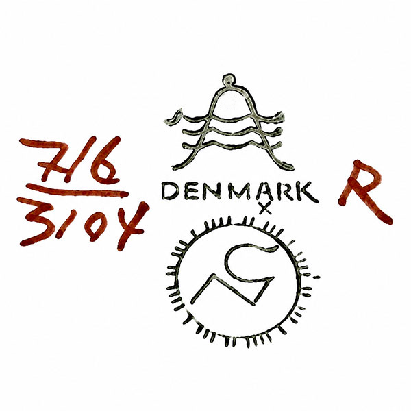 Royal Copenhagen Tenera Aluminia mark, factory first quality, decor 441, model 3121, decor designer Grete Helland-Hansen, and painter’s mark B.