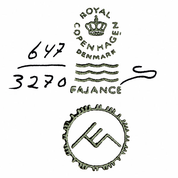 Royal Copenhagen mark, 1974–1978, factory first quality, decor 647, model 3270, decor designer Ellen Malmer’s Baca mark, and painter’s mark S.