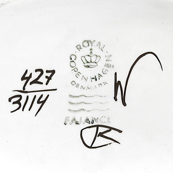 Royal Copenhagen Tenera Royal Copenhagen mark, 1974–1978, factory first quality, decor 427, model 3114, decor designer Kari Christensen, and painter’s mark W.