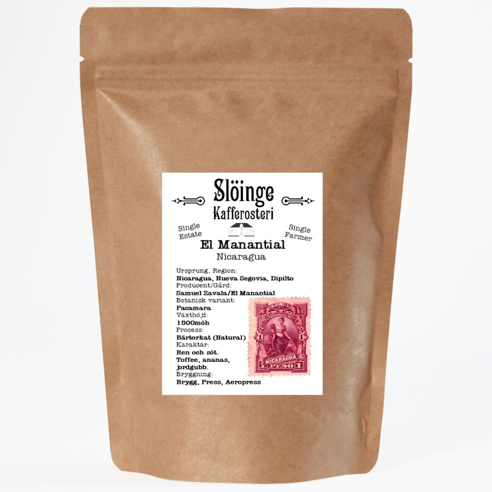 Slöinge kafferosteri - El Manantial  - Nicaragua  Natural Pacamara - Ljusrostade hela kaffebönor - 250g