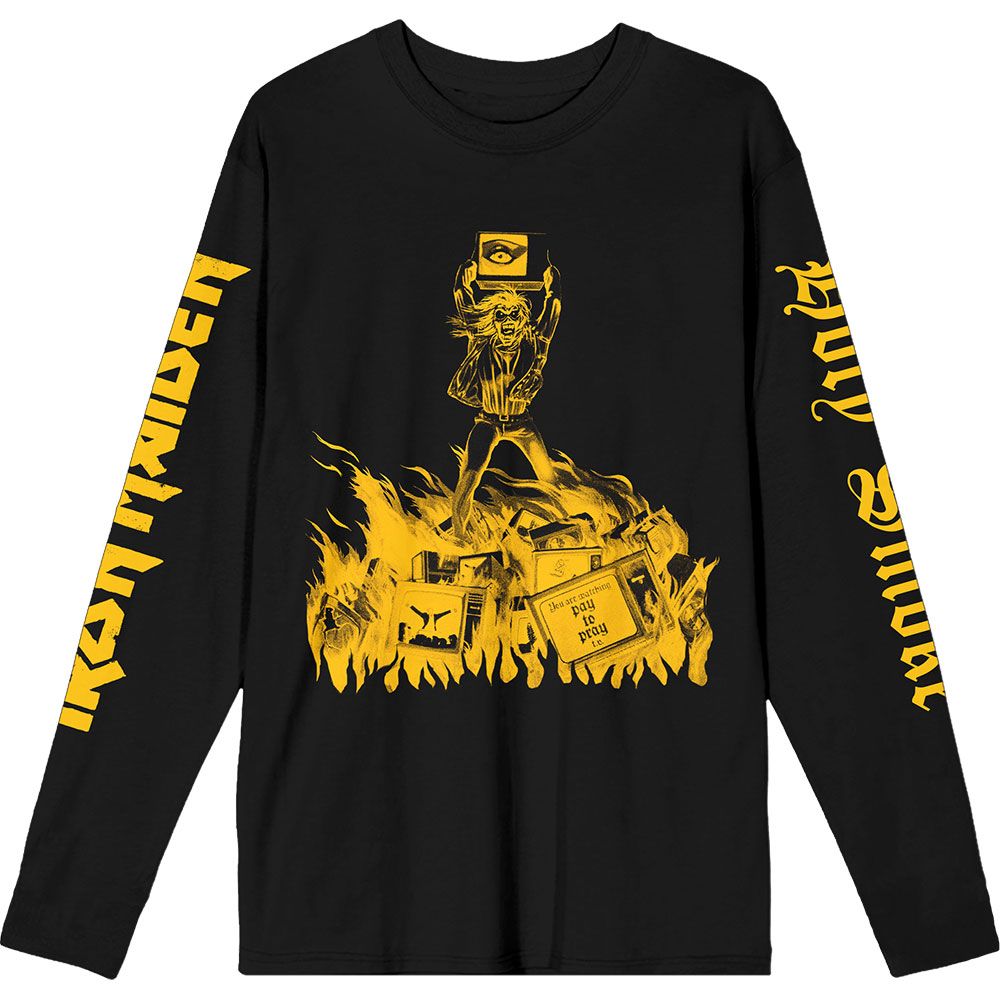 Iron Maiden Unisex Long Sleeve T-Shirt: Holy Smoke Isolated Yellow (Black) (Sleeve Print) (XX-Large)