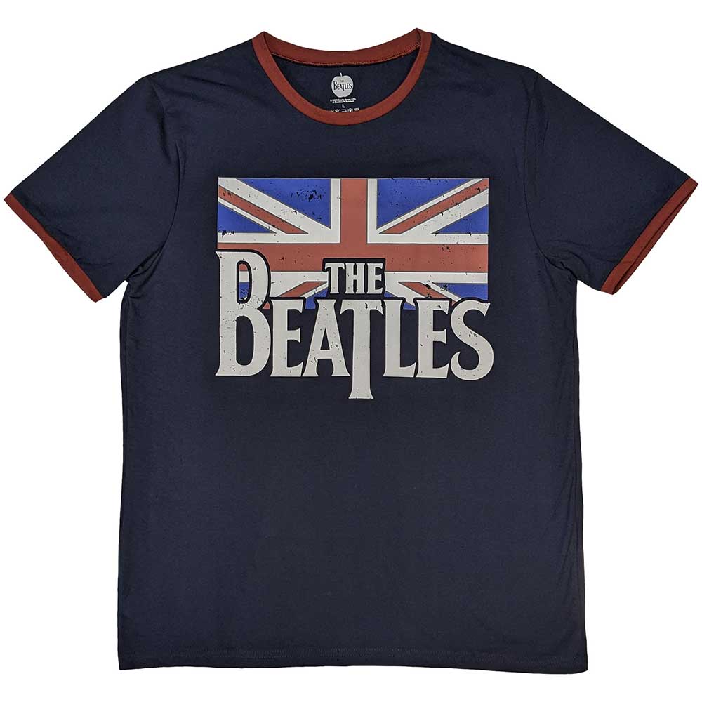 The Beatles Unisex Ringer T-Shirt: Drop T Logo & Vintage Flag (Large)
