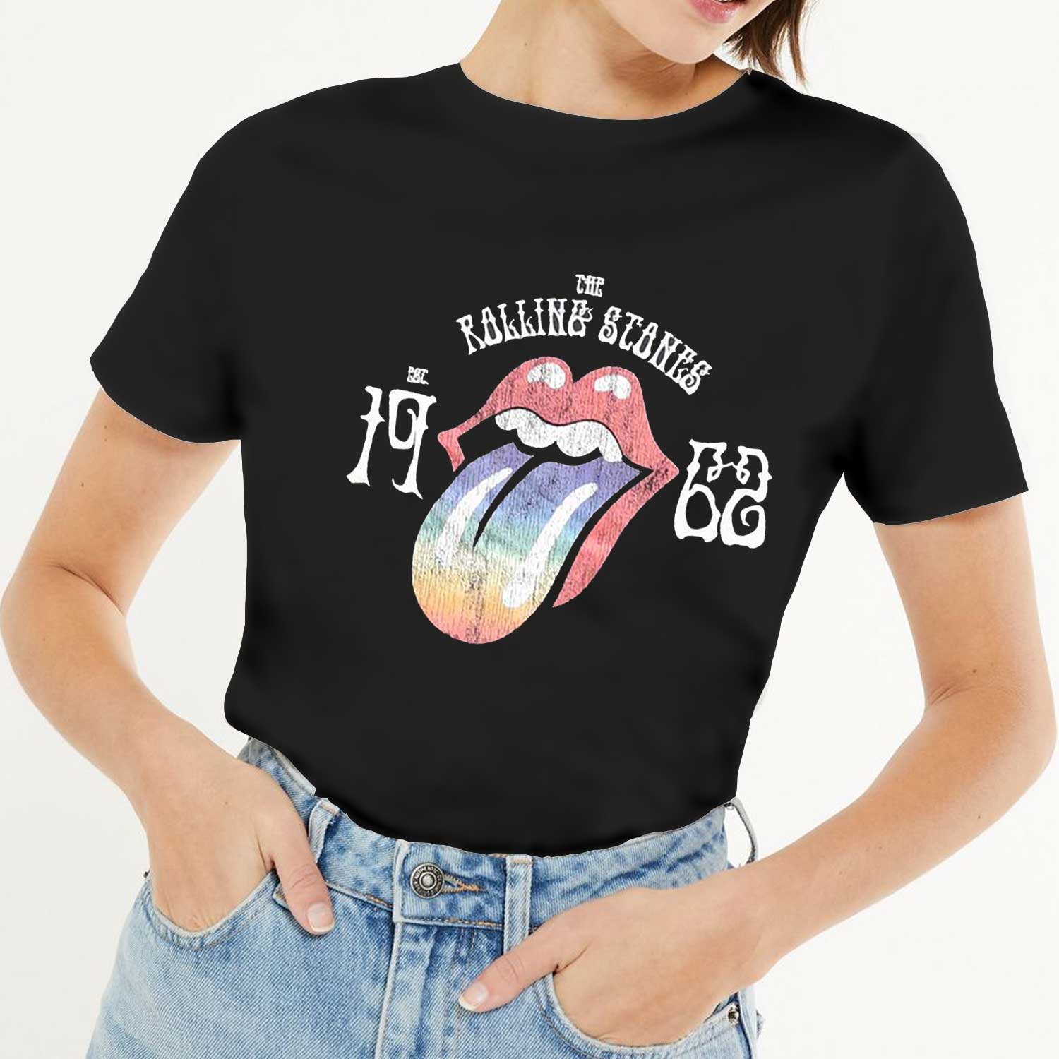 The Rolling Stones Ladies Hi-Build T-Shirt: Sixty Rainbow Tongue '62 (Puff Print) (Large)