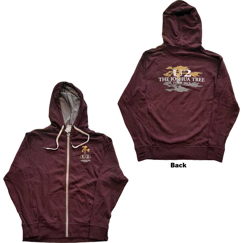 U2 Unisex Zipped Hoodie: Joshua Tree 2017 (Back Print) (Ex-Tour) (Small)