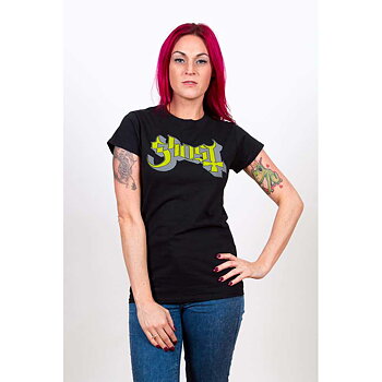 Ghost Ladies T-Shirt: Green/Grey Keyline Logo (Skinny Fit) (Large)